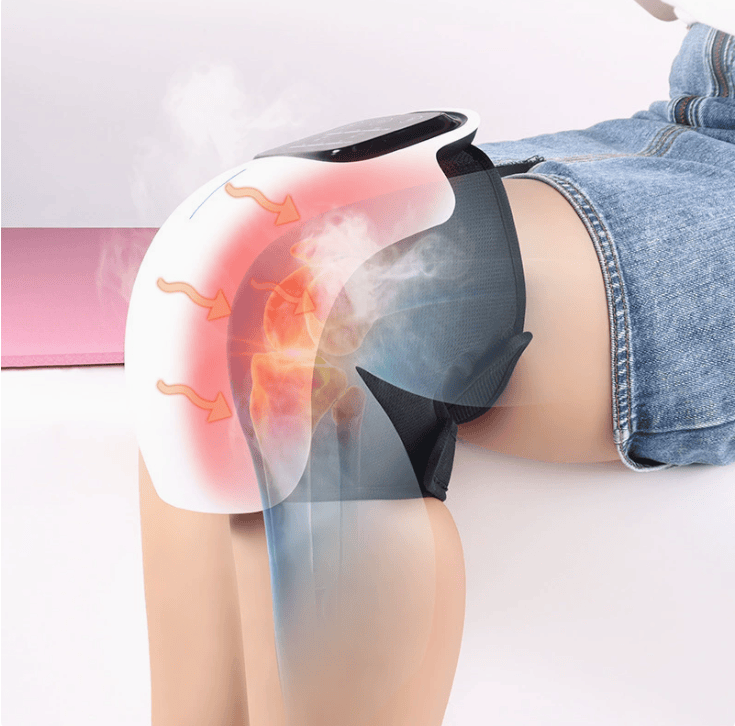 Nehwei Enterprise electric knee massager showing adjustable straps and cushioned design for knee pain relief and comfort.