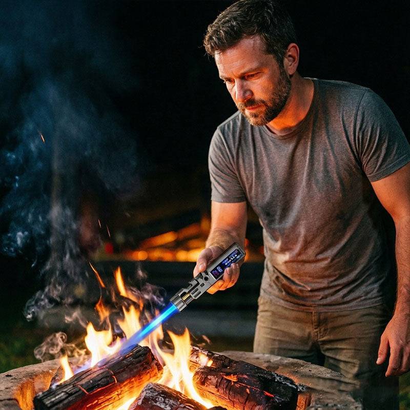 Eprolo windproof outdoor torch lighter with LED display, metal body, high-temperature flame, and built-in bottle opener