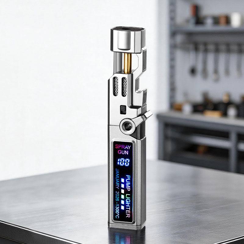 Eprolo windproof high-temperature outdoor torch lighter with LED display, metal body, and built-in bottle opener.