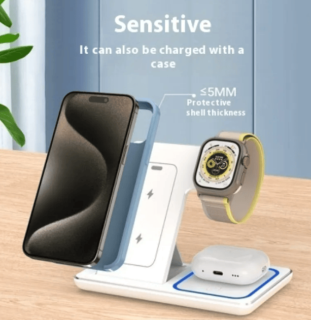 Nehwei Enterprise 15W 3-in-1 LED foldable wireless charger stand with fast charging for smartphones and accessories.