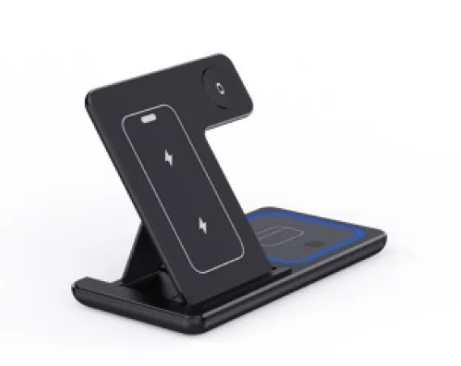 Nehwei enterprise 15W 3-in-1 LED foldable fast wireless charger stand with phone, smartwatch, and earbuds charging ports.