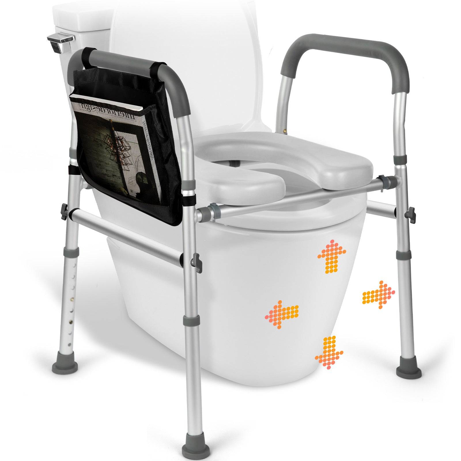 Eprolo four-in-one toilet chair with safety handle, height-adjustable backrest, commode and shower bath chair features.