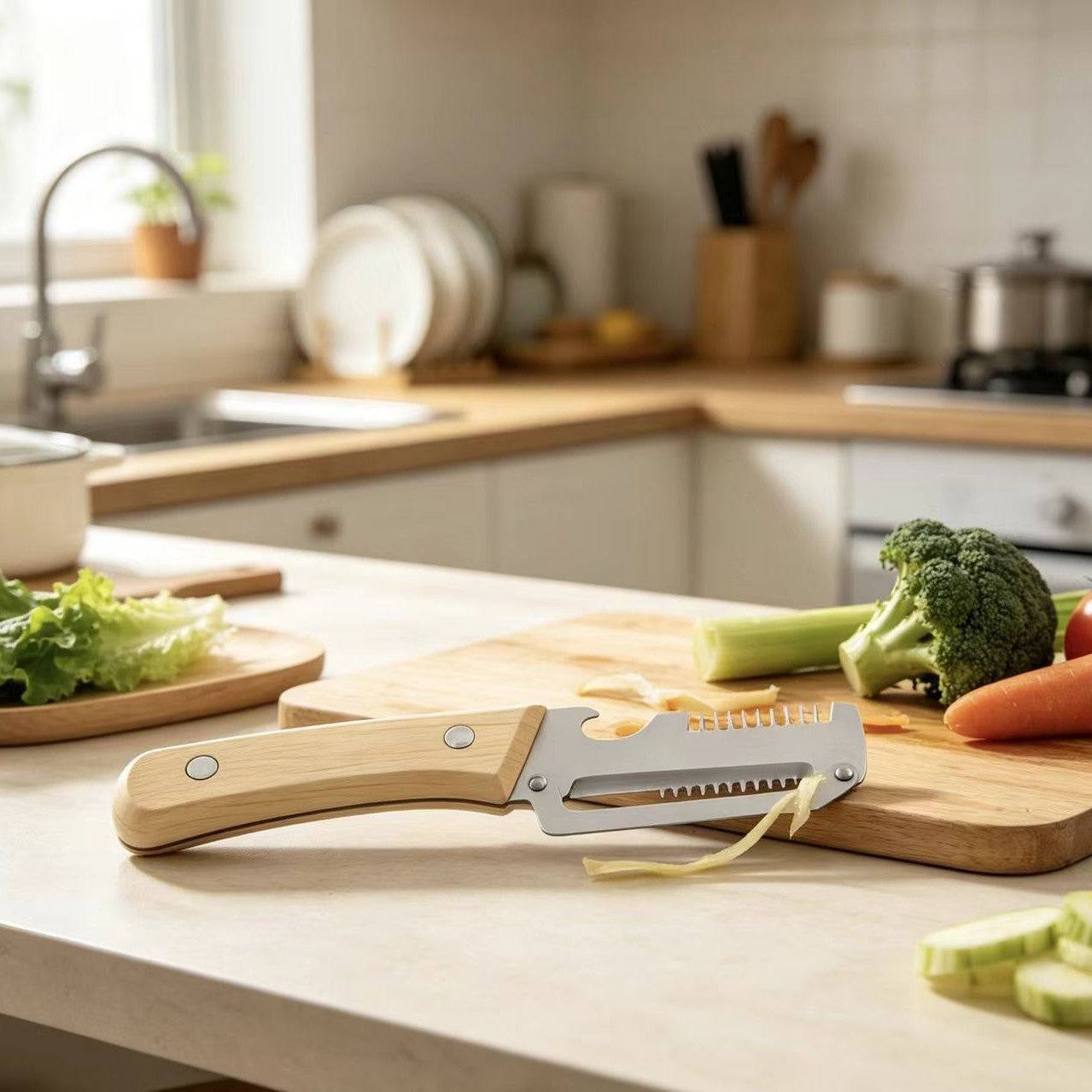 eprolo 2-in-1 kitchen vegetable slicer with wooden handle, bottle opener, fruit cutter, and peeler, multi-functional household knife tool