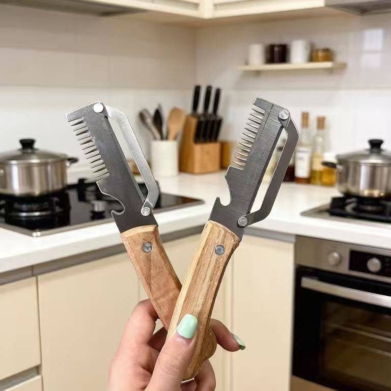 eprolo kitchen multi-functional onion and vegetable slicer with wooden handle, includes bottle opener, fruit cutter, and peeler.