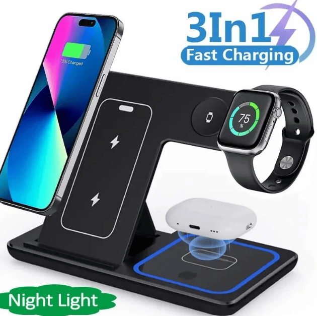 Nehwei 15W 3-in-1 LED foldable fast wireless charger stand with adjustable angles and built-in LED indicator.