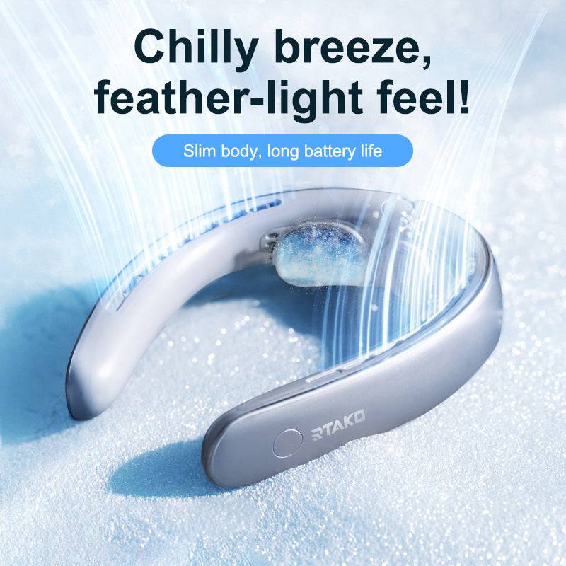 Portable USB rechargeable leafless neck-hanging fan by eprolo, showing a compact mini fan worn around the neck.