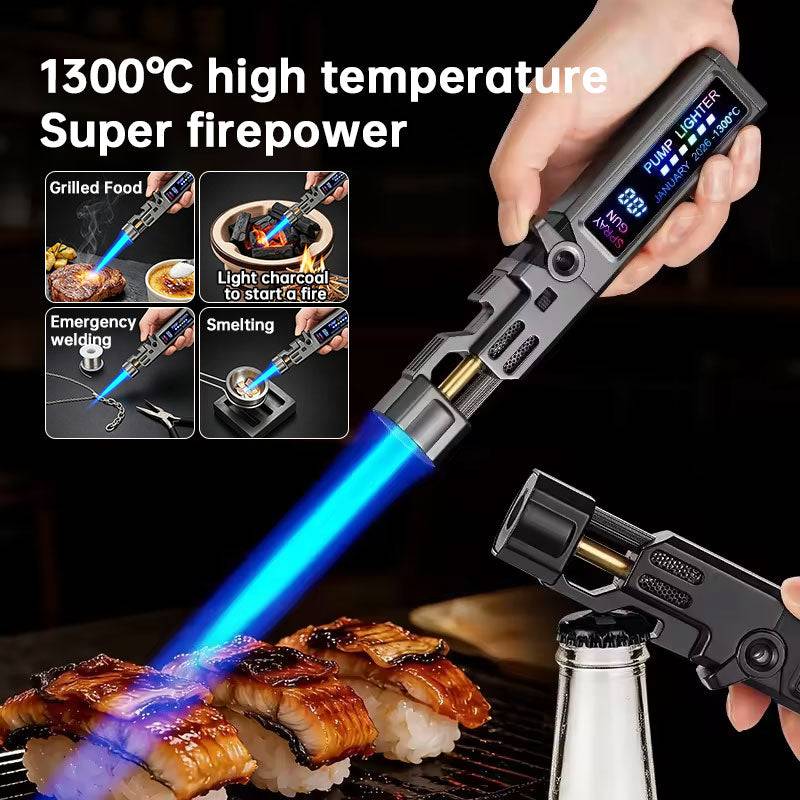 Eprolo windproof outdoor torch lighter with LED display, metal body, high-temperature flame, and built-in bottle opener.