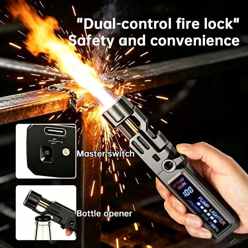 eprolo windproof high-temperature outdoor torch lighter with LED display, metal body, and built-in bottle opener