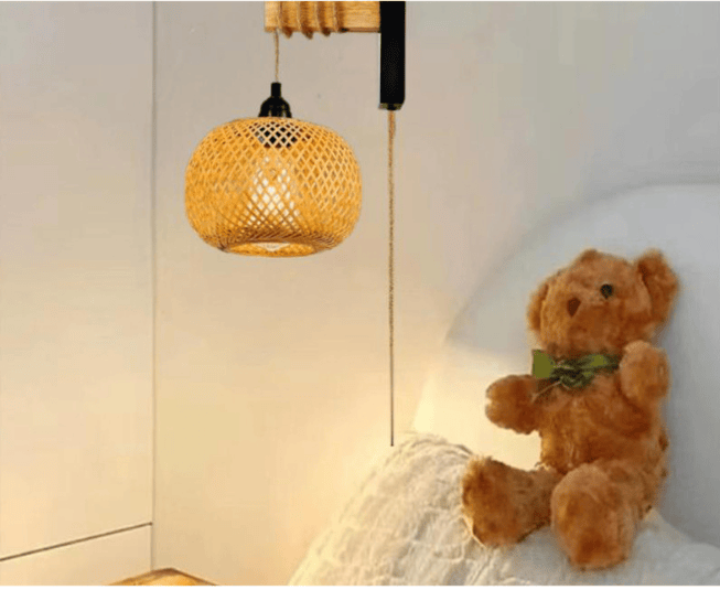 Eprolo bamboo woven wall lamp with wooden art design, Japanese rattan style, perfect for tea room or homestay lighting decor