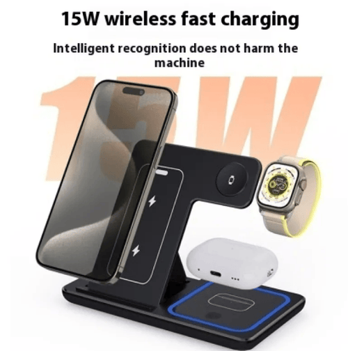 Nehwei enterprise 15W 3-in-1 LED foldable fast wireless charger stand with multiple device charging ports and sleek design