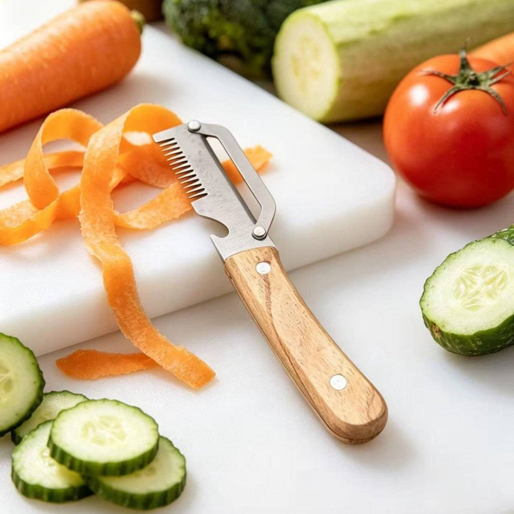 eprolo 2-in-1 kitchen vegetable slicer with wooden handle, fruit cutter, peeler, and bottle opener for versatile food prep.