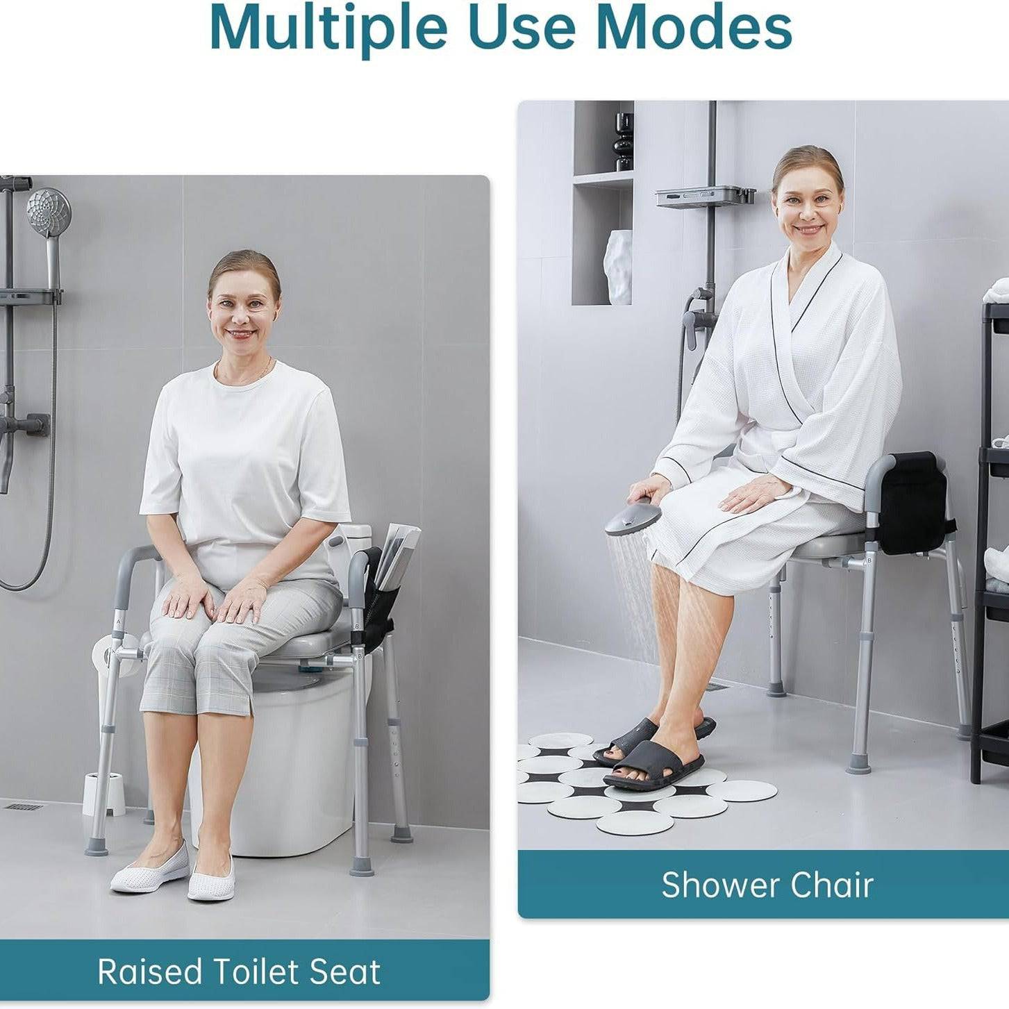 Eprolo four-in-one toilet chair with safety handle, adjustable backrest, and shower bath features for elderly or disabled users.