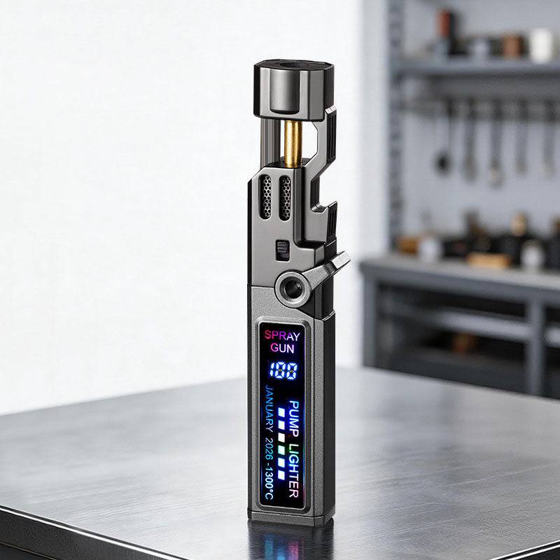 Eprolo windproof high-temperature outdoor torch lighter with LED display, metal body, and bottle opener in a close-up view.