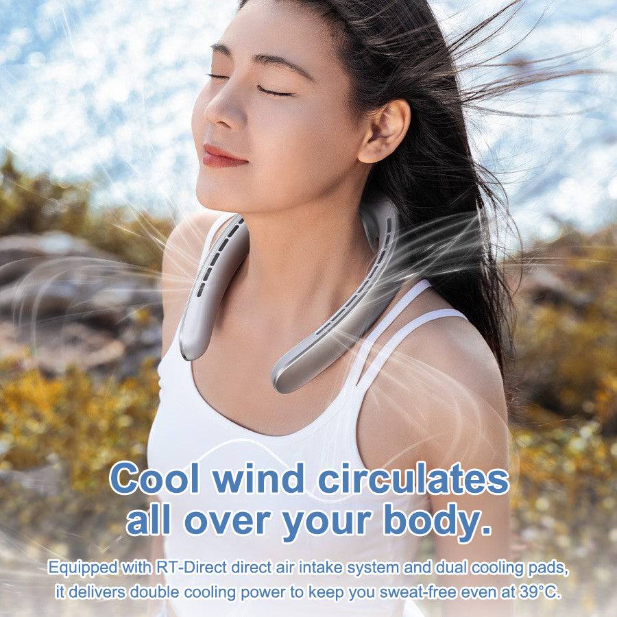 Eprolo leafless neck-hanging fan with USB charging, mini portable personal fan worn around the neck for hands-free cooling.