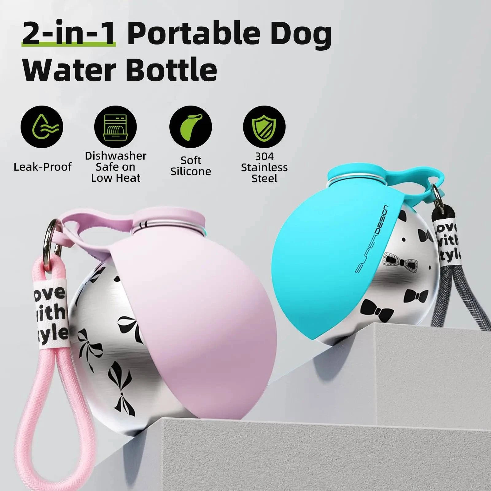 Nehwei 2-in-1 portable dog water bottle for small dogs, leak-proof stainless steel and silicone travel water bottle in compact design