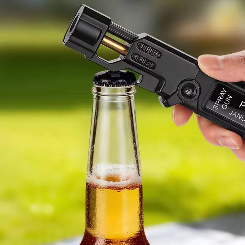 Eprolo windproof outdoor torch lighter with LED display, metal body, high-temperature flame, and built-in bottle opener.