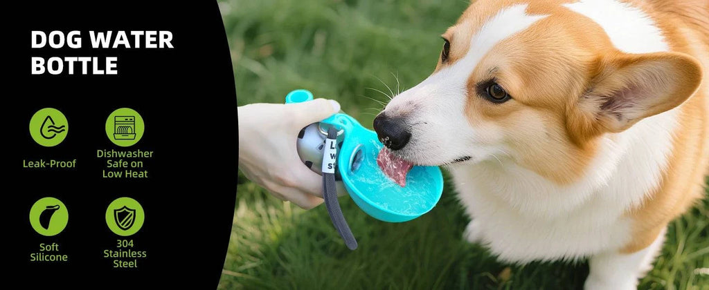 Nehwei 2-in-1 portable dog water bottle for small dogs, leak-proof stainless steel and silicon travel water bottle, compact and convenient.