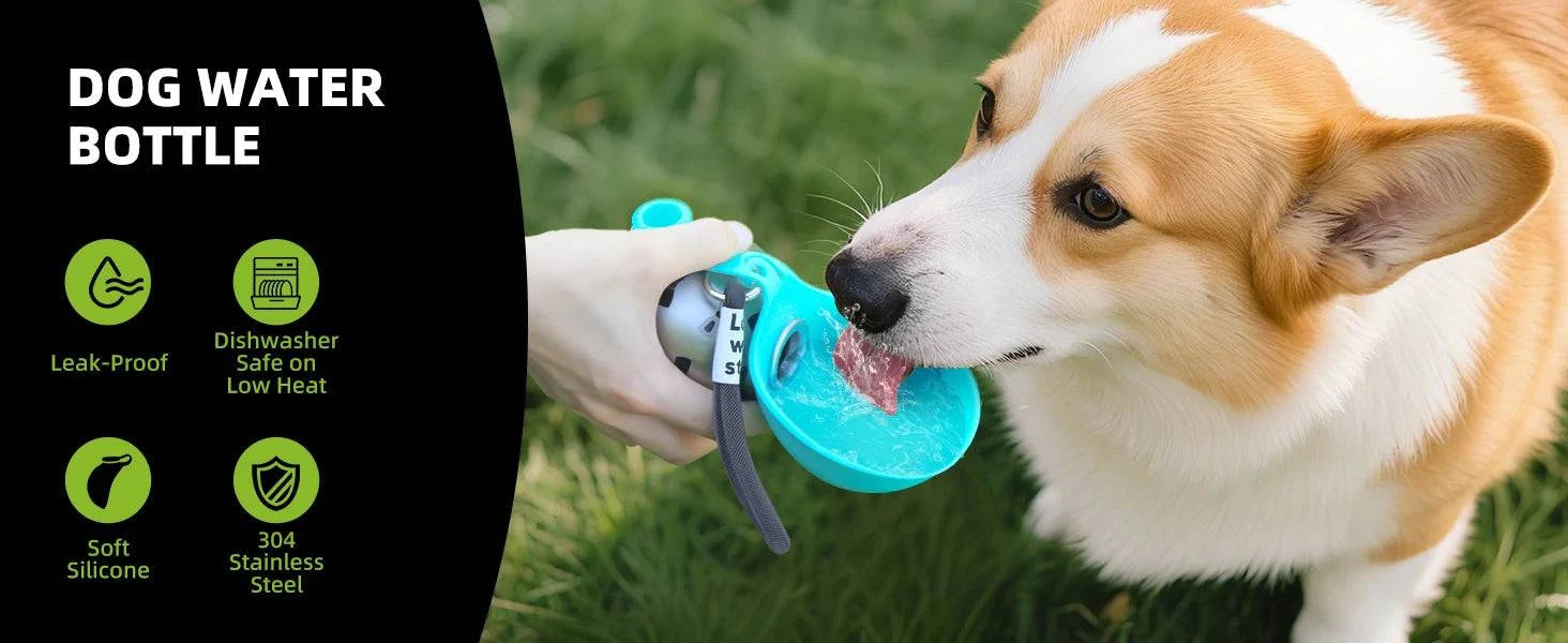 Nehwei 2-in-1 portable dog water bottle for small dogs, leak-proof stainless steel and silicon travel water bottle, compact and convenient.