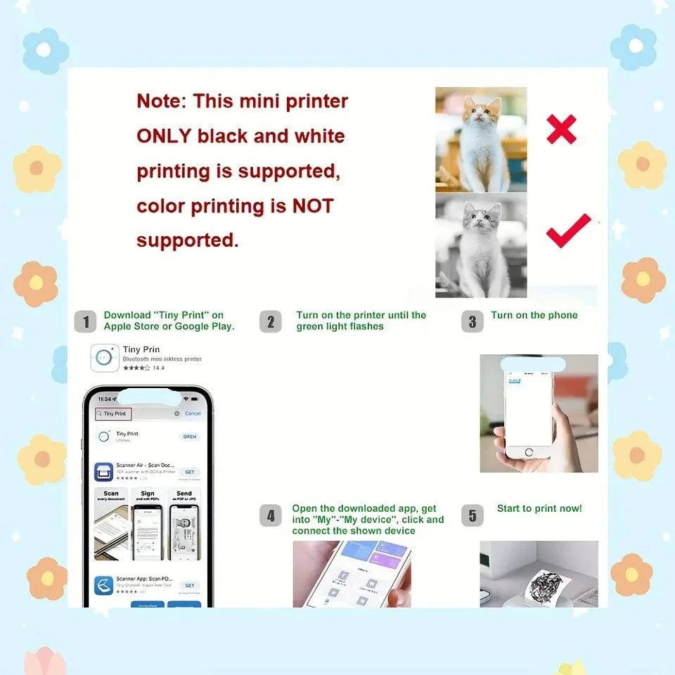 Nehwei enterprise mini portable inkless label printer printing high-resolution photos, labels, and notes on white paper.