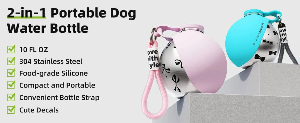 Nehwei enterprise 2-in-1 portable dog water bottle with stainless steel bottle and silicone spill-proof lid for small dogs.