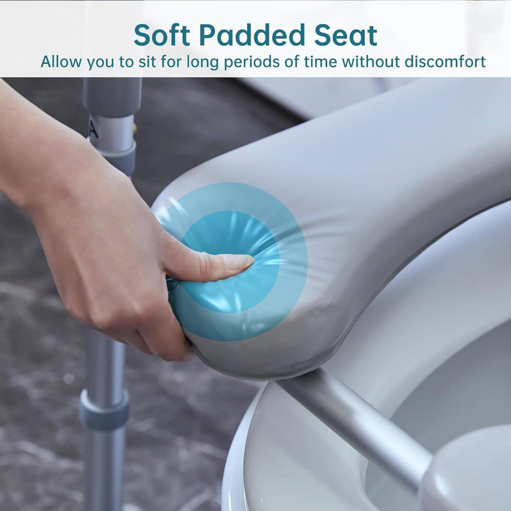 Eprolo four-in-one toilet chair with safety handle, height-adjustable backrest, and shower bath features for enhanced safety and comfort.