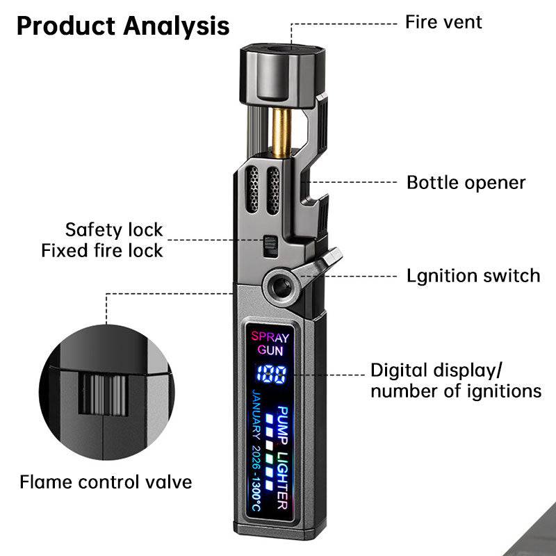 Eprolo windproof outdoor torch lighter with LED display, metal body, high-temperature flame, and built-in bottle opener.