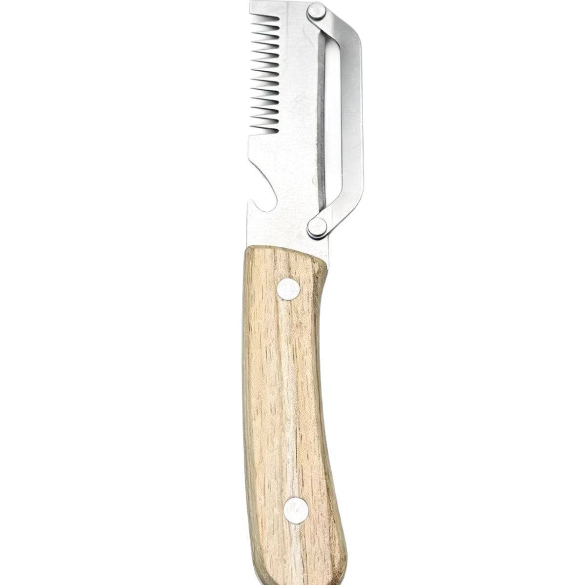 eprolo 2-in-1 kitchen vegetable slicer with wooden handle, fruit cutter, peeler, and bottle opener in a household multi-tool design