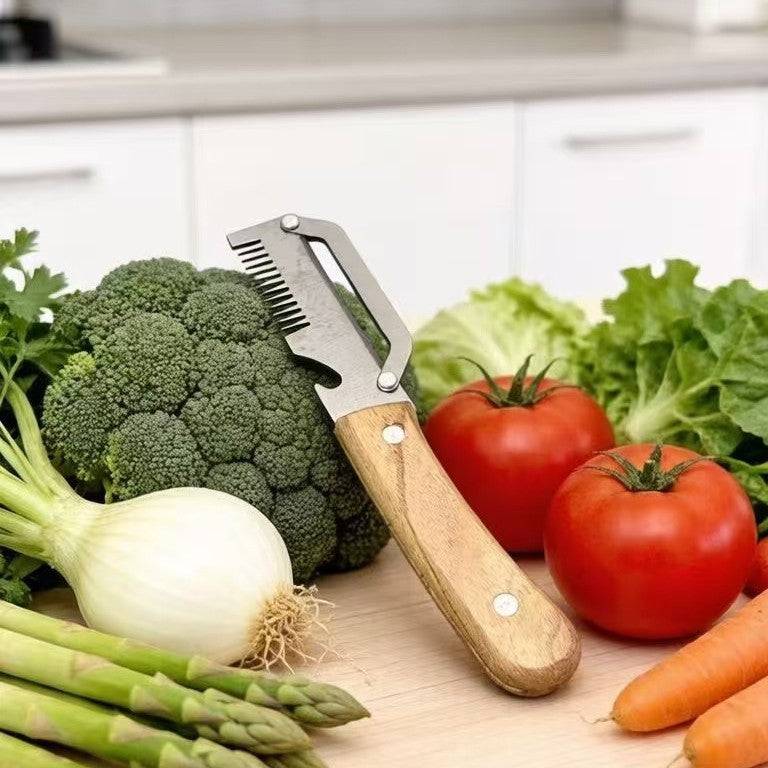 eprolo 2-in-1 kitchen vegetable slicer with wooden handle, includes bottle opener, fruit cutter, and peeler for versatile food prep