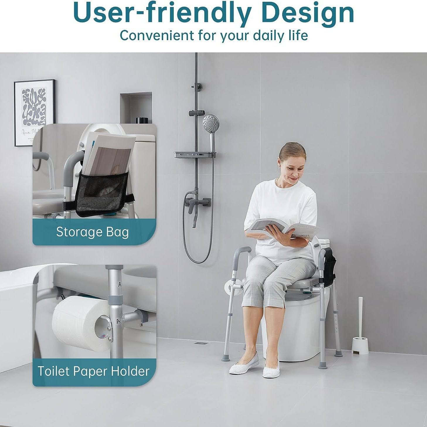 Eprolo four-in-one toilet chair with safety handle, adjustable backrest, and shower bath features, suitable for assisted bathroom use.