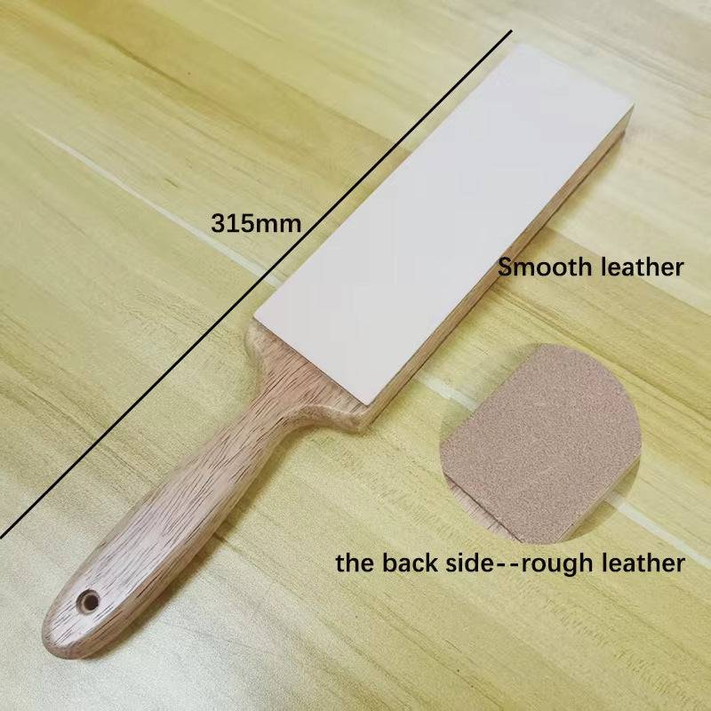 Eprolo 315mm double-sided knife sharpening stone with leather polishing belt and wooden handle for precise blade sharpening.