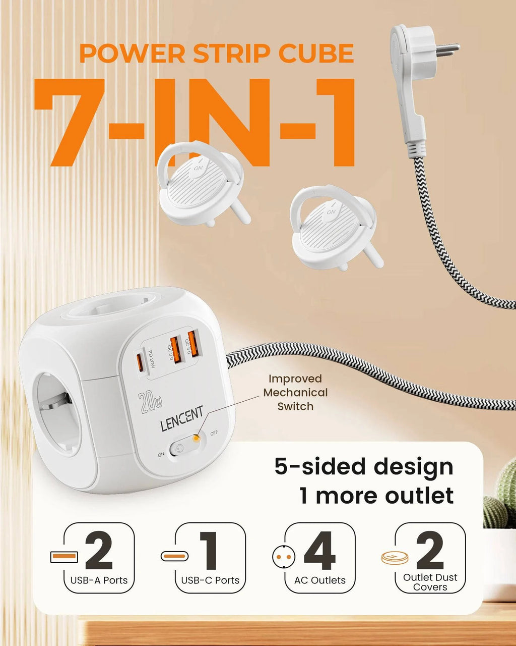 Nehwei enterprise LENCENT flat EU plug power strip cube with 4 AC outlets, 2 USB QC3.0, Type-C PD20W, braided cable.
