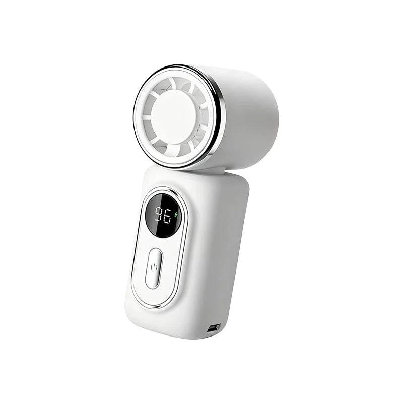Nehwei enterprise handheld mini fan with LED display, 3000mAh battery, 5 speeds, adjustable tilt, clip, and portable design.