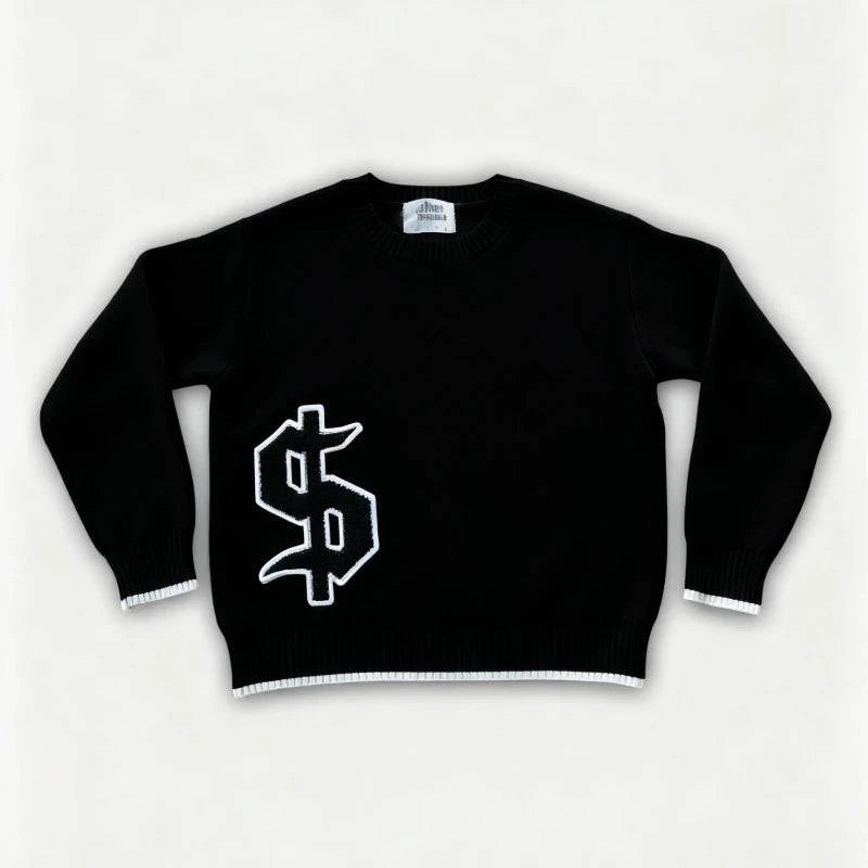 Nehwei enterprise oversized men's round neck knitted pullover sweater with gothic embroidery, full sleeves, street style, Y2K fashion