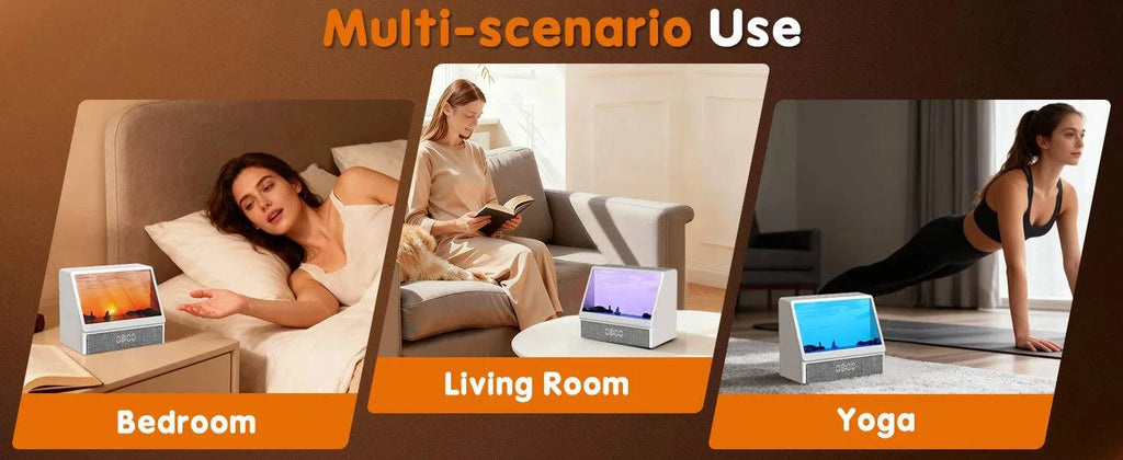Nehwei sunrise alarm clock with ambient lights, Bluetooth speaker, and wake-up light for kids and heavy sleepers in bedroom.