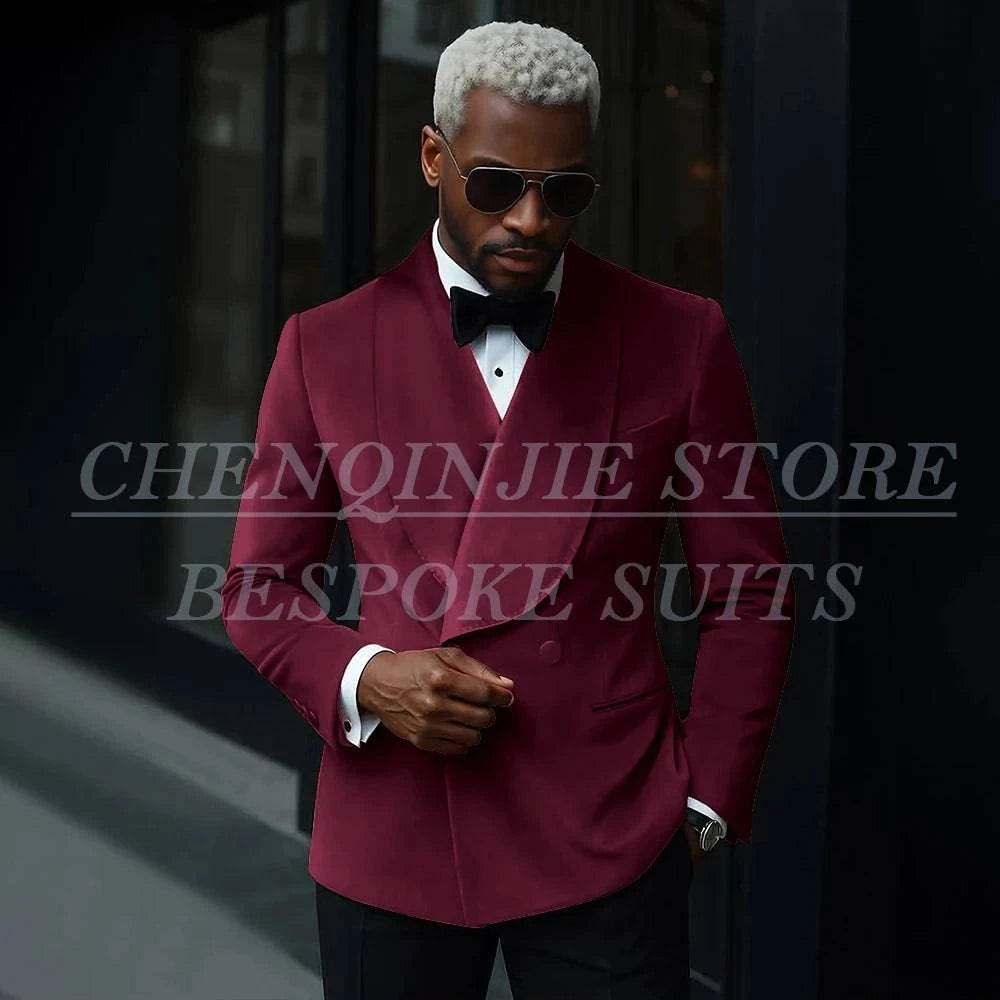 Men's luxury velvet double-breasted suit with shawl lapel, slim fit, jacket and pants by Nehwei enterprise, ideal for prom or parties.