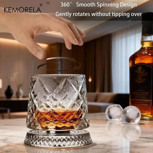 Nehwei enterprise 360-degree rotating crystal whisky glass with thick base, ideal for bourbon and scotch, showcasing a sleek, modern design.