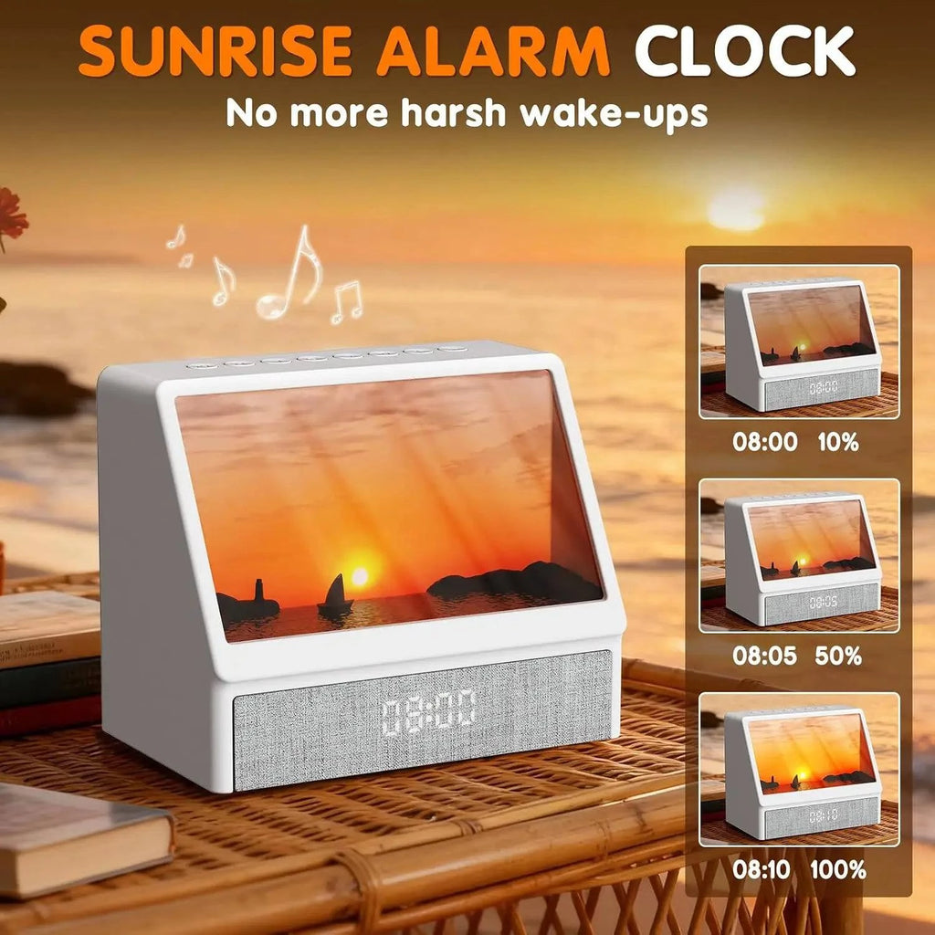 Nehwei enterprise sunrise alarm clock with ambient lights, Bluetooth, and wake-up features for kids and adults in a bedroom setting