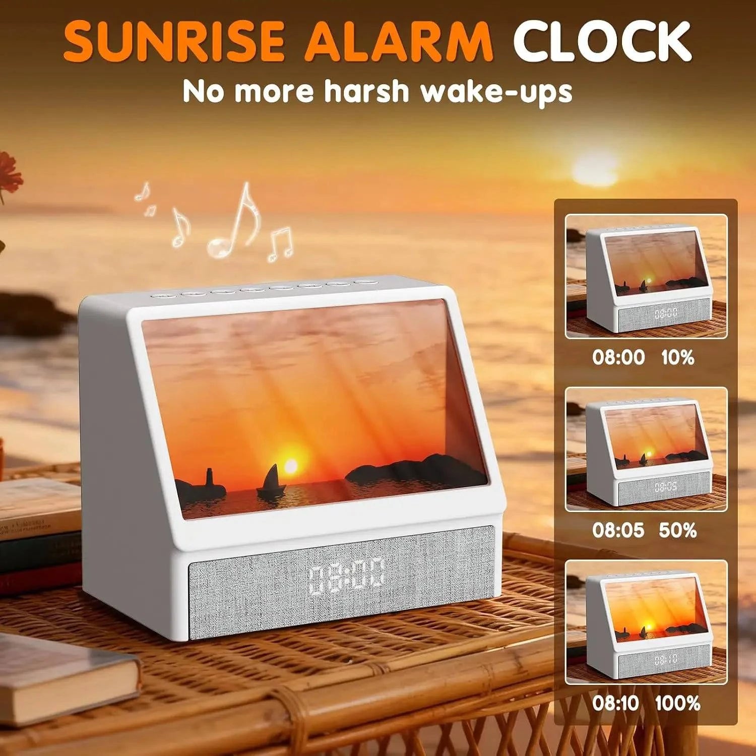 Nehwei enterprise sunrise alarm clock with ambient lights, Bluetooth, and wake-up features for kids and adults in a bedroom setting