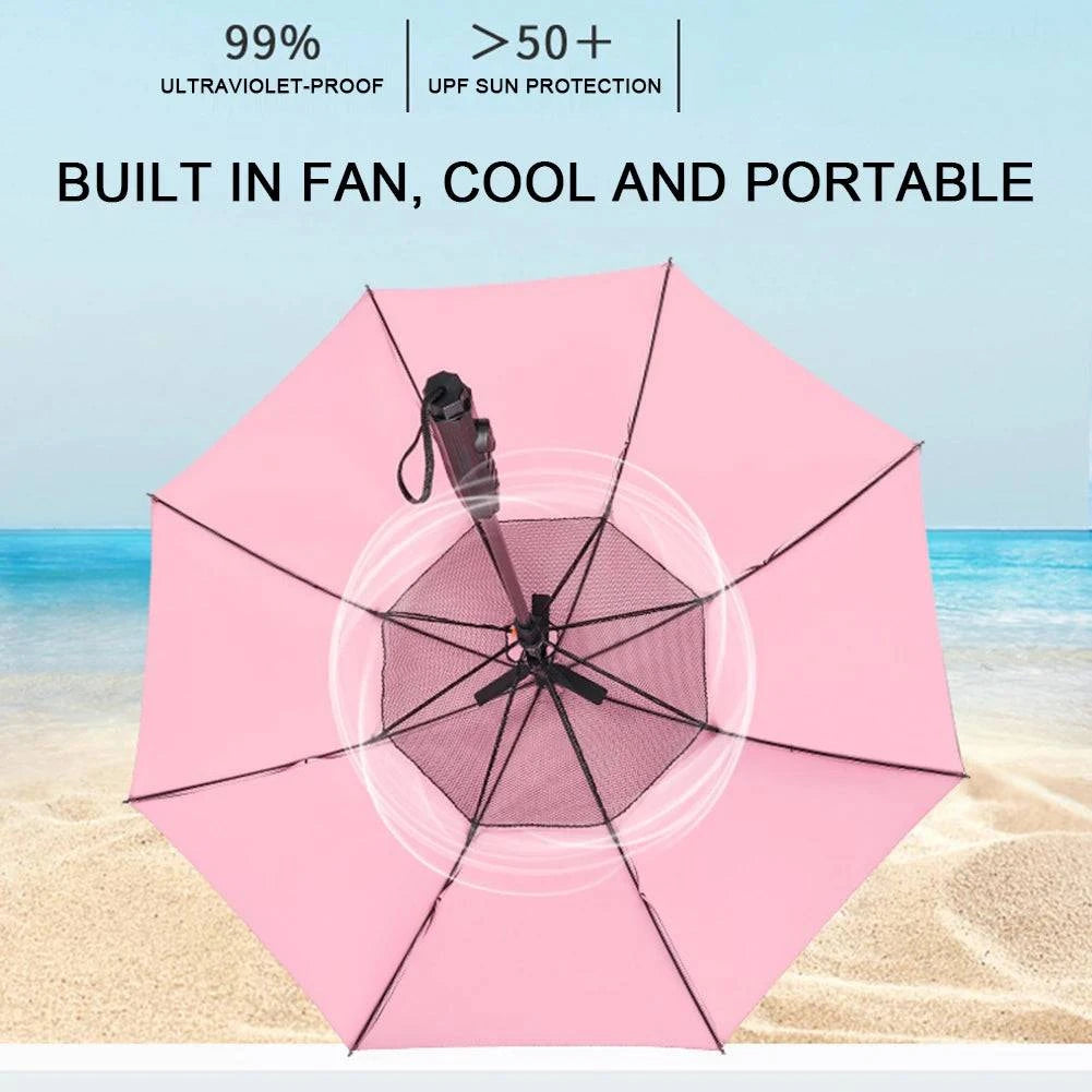 Nehwei enterprise 3-in-1 portable umbrella with built-in misting fan, UV protection, spray mist, and battery power for summer cooling.
