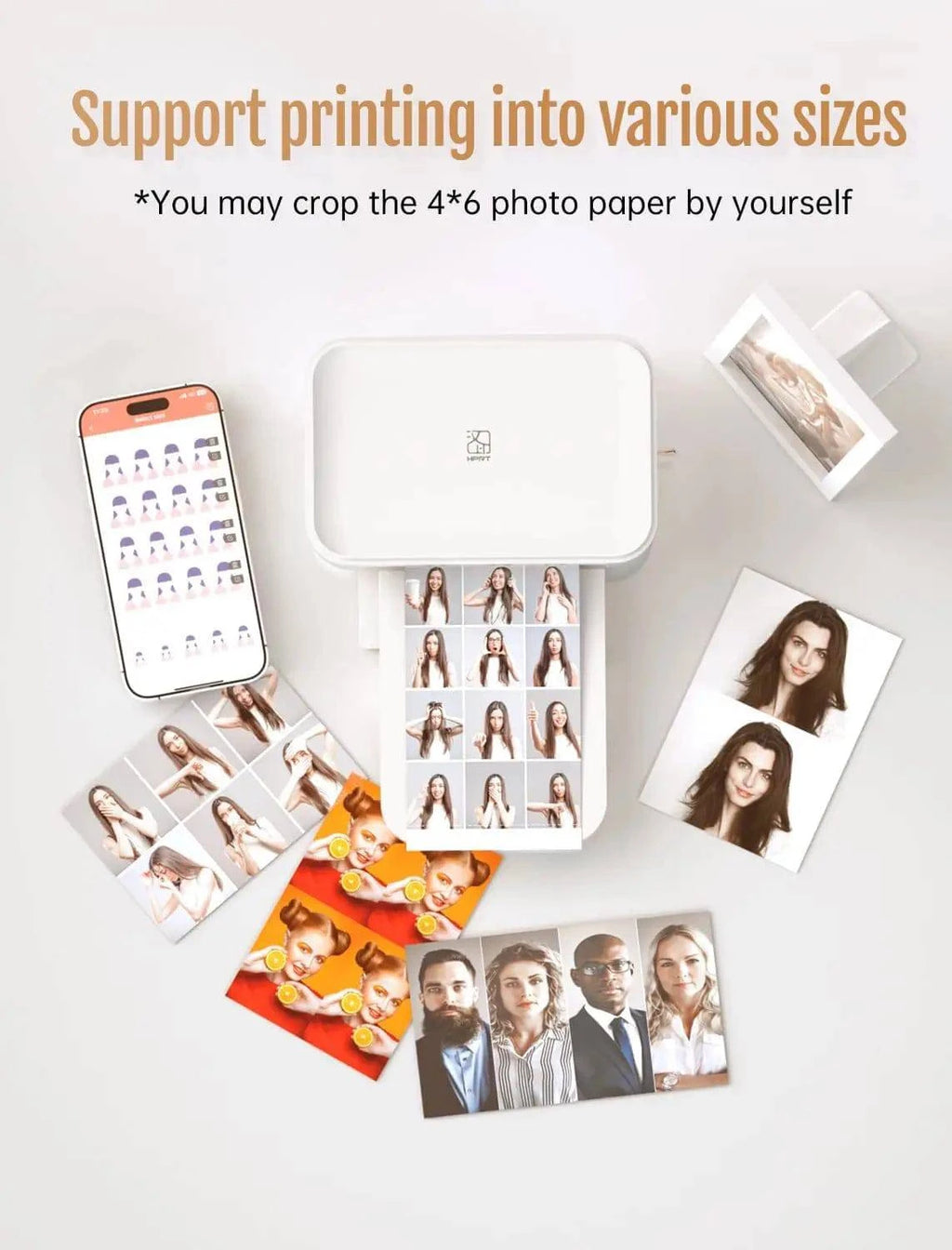 Nehwei enterprise mini color photo printer showing high-resolution instant photos with wireless connectivity and thermal printing.