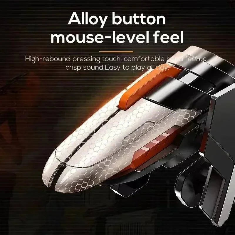 Nehwei MEMO 6 Finger mobile game trigger for PUBG, ABS plastic, alloy L1 R1 buttons, compatible with iOS and Android smartphones.