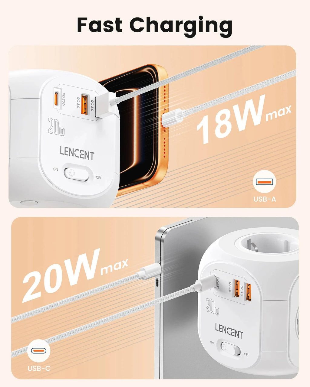 Nehwei enterprise LENCENT flat EU plug power strip cube with 4 AC outlets, 2 USB QC3.0, Type C PD20W, braided cable in black