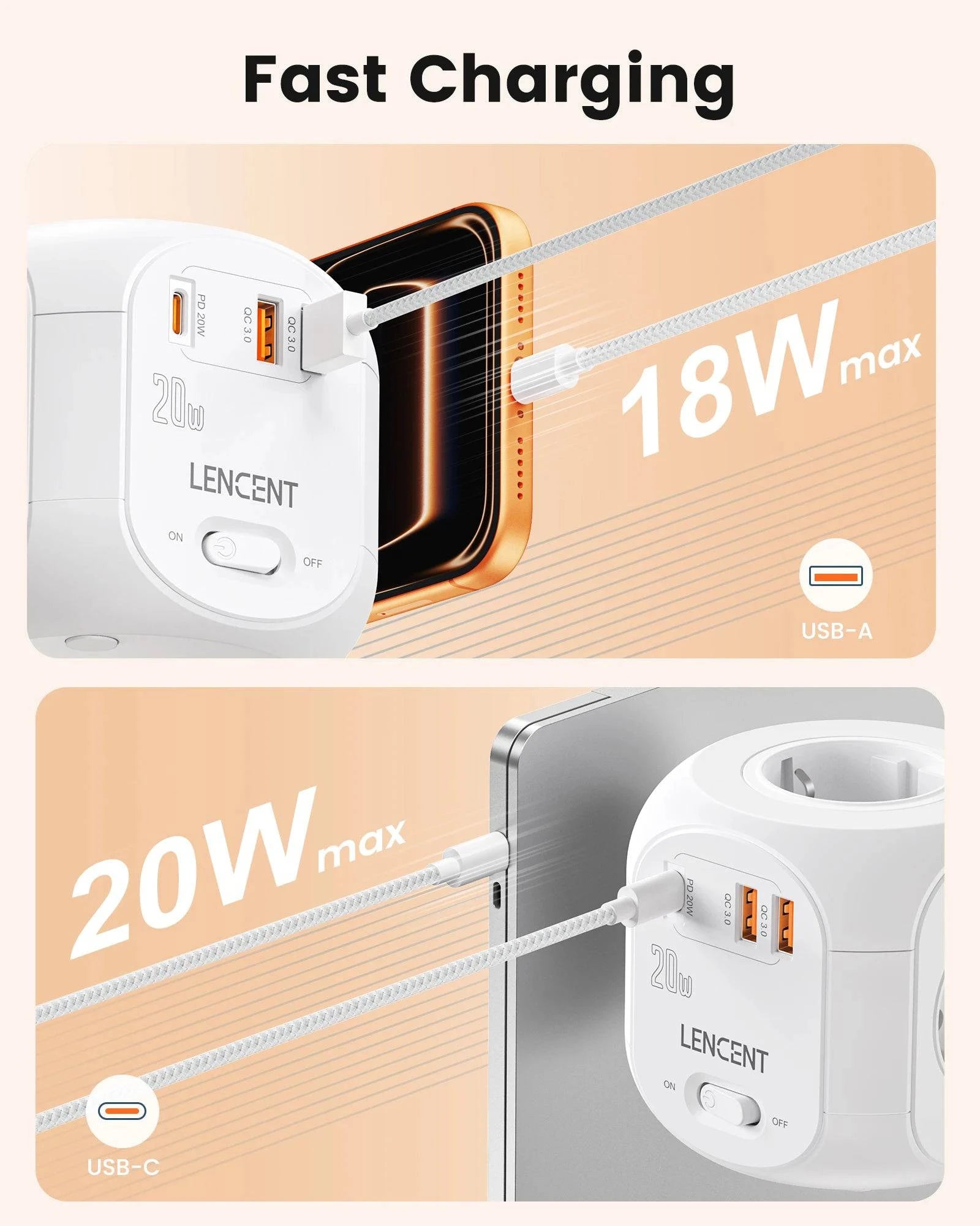 Nehwei enterprise LENCENT flat EU plug power strip cube with 4 AC outlets, 2 USB QC3.0, Type C PD20W, braided cable in black
