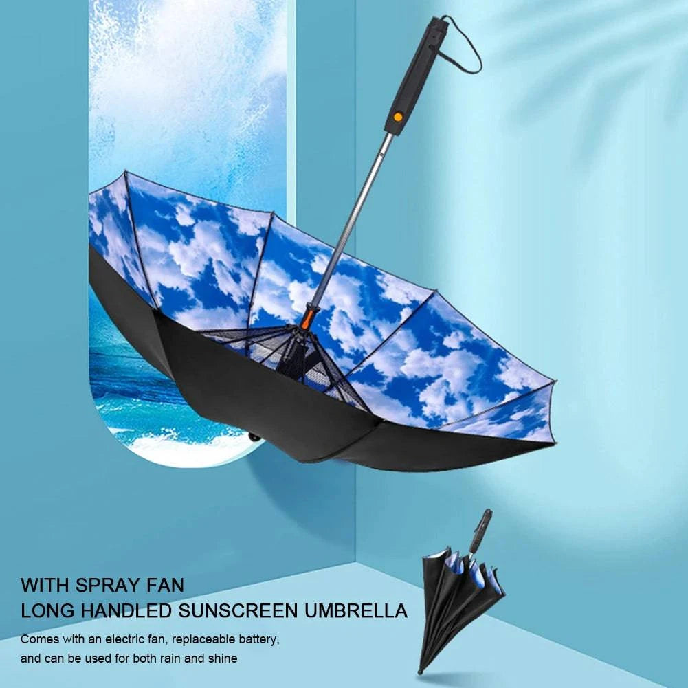 Portable 3-in-1 umbrella with fan and misting spray from Nehwei Enterprise, featuring UV protection and battery-powered cooling for summer.