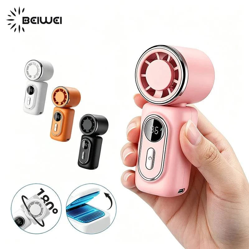 Nehwei enterprise handheld mini fan with LED display, 5 speeds, rechargeable 3000mAh battery, clip, and adjustable 180° cooling.