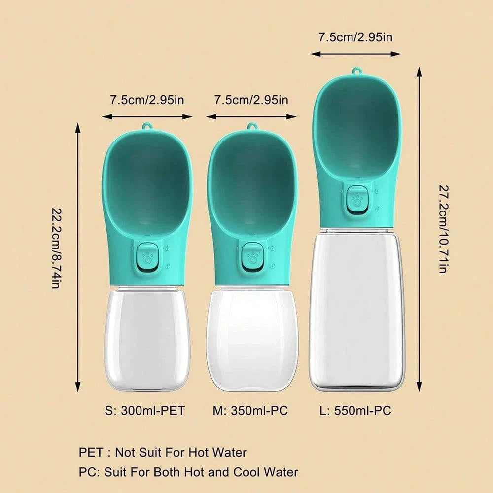 Portable dog water bottle for small and large dogs with leak-proof design, ideal for outdoor travel and pet hydration.