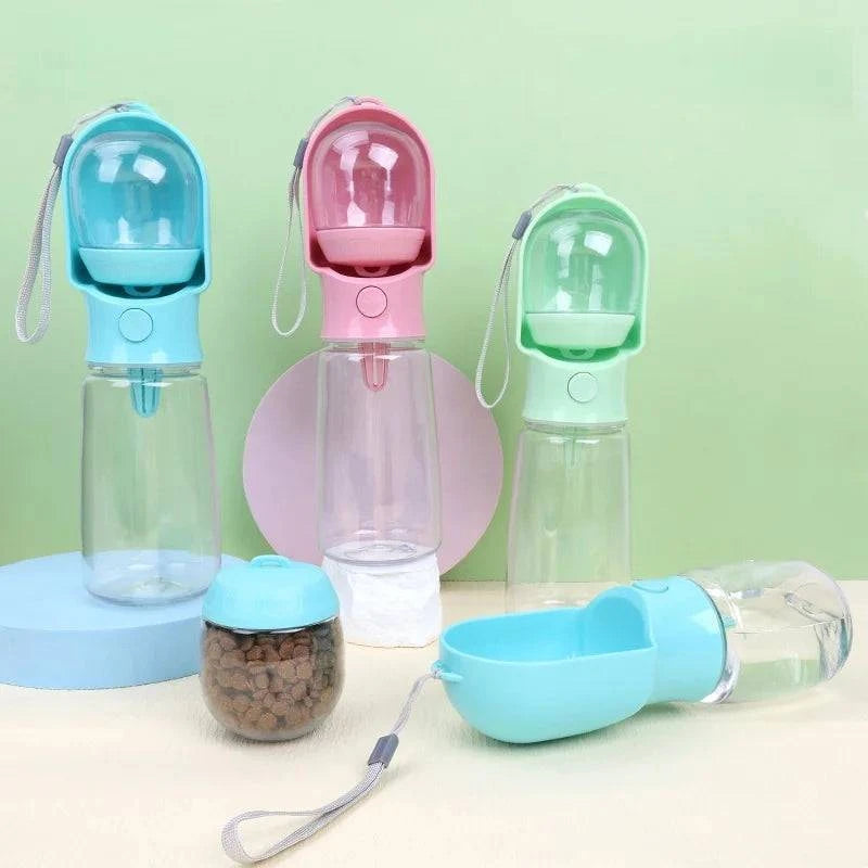 Portable Nehwei enterprise dog and cat water bottle with food container, leak-proof outdoor pet water dispenser in black.