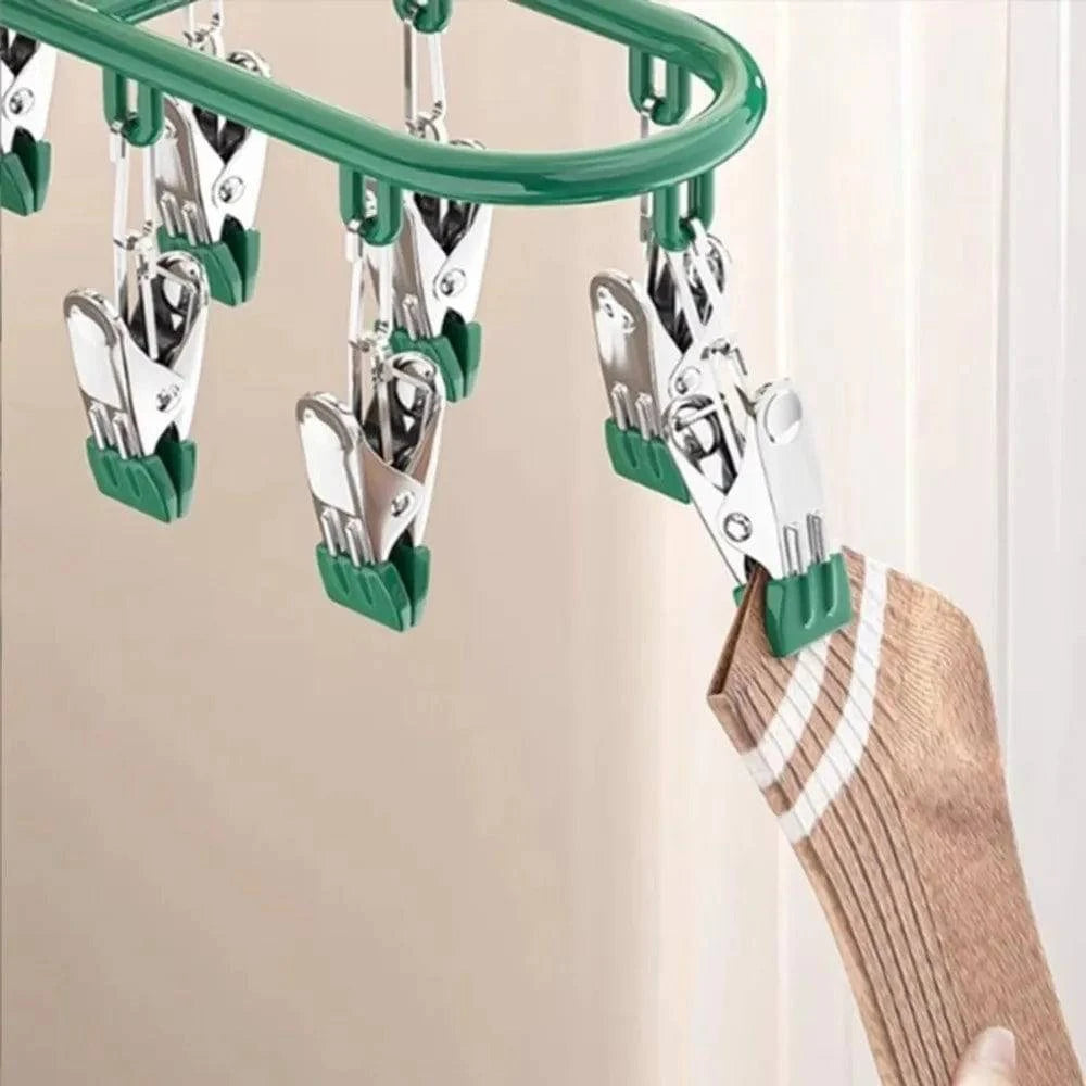 Stainless steel clothes drying rack with 20 clip capacity, featuring sock and underwear clips, by Nehwei Enterprise.
