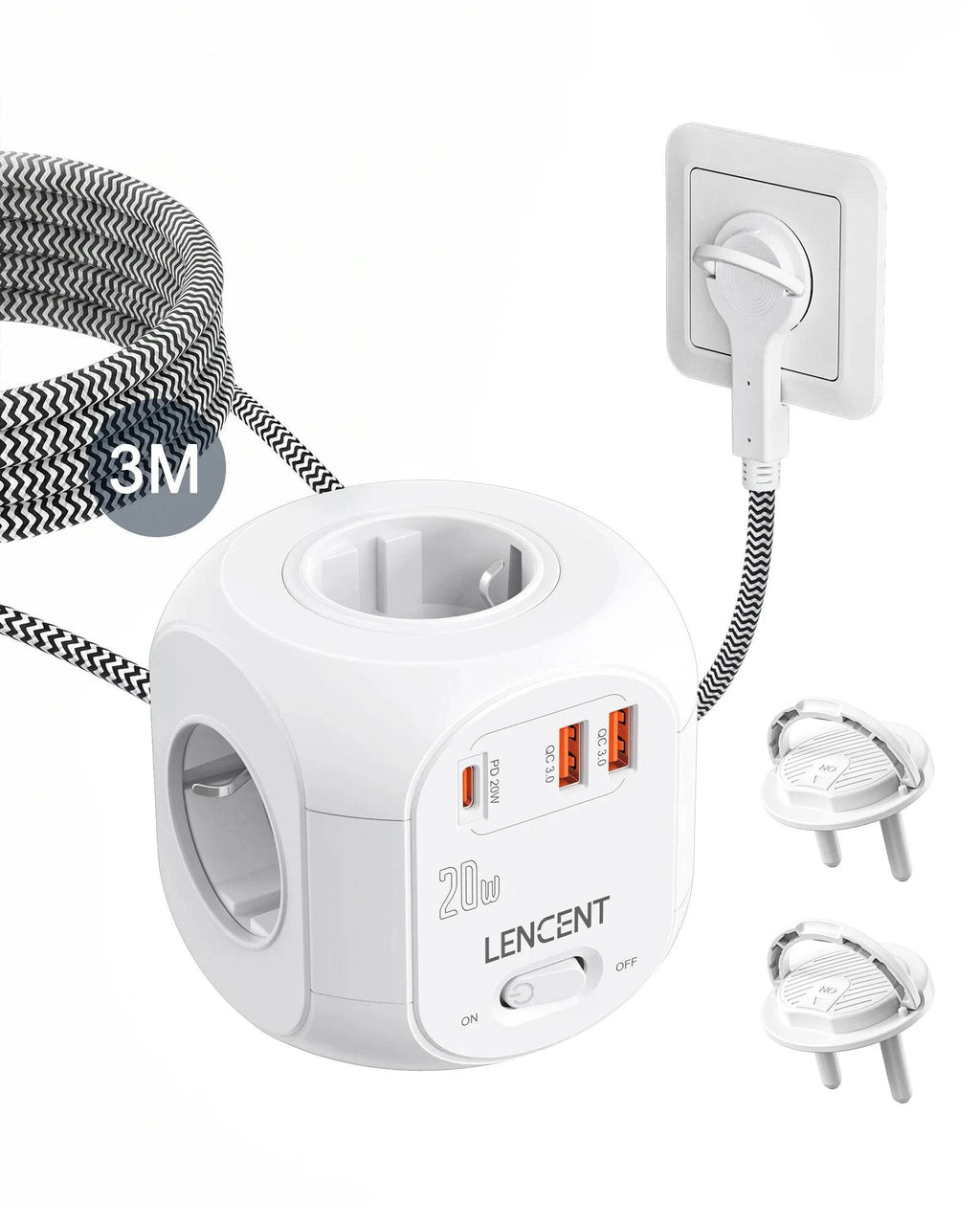 Nehwei enterprise LENCENT flat EU plug power strip cube with 4 AC outlets, 2 QC3.0 USB ports, Type C PD20W fast charging cable