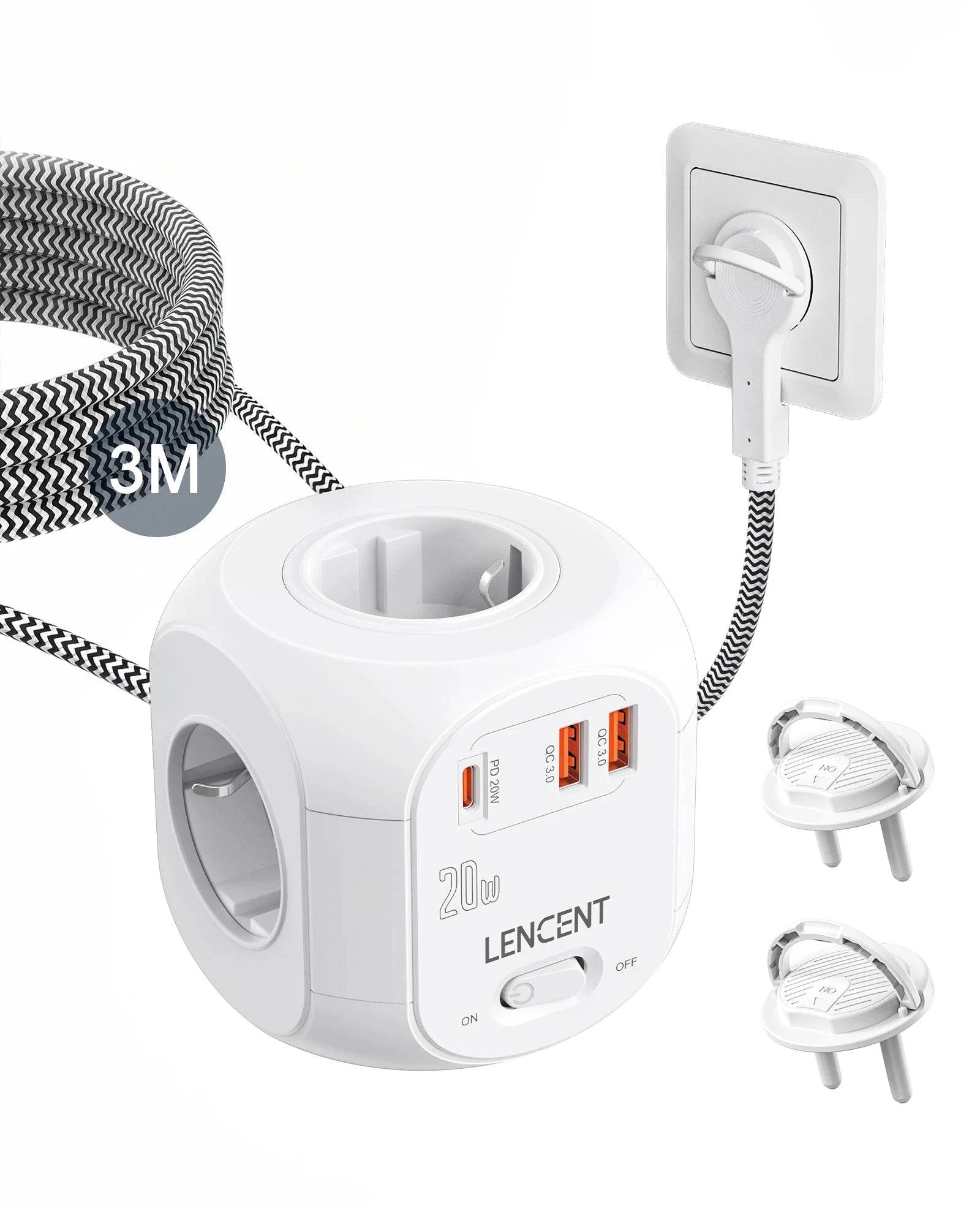 Nehwei enterprise LENCENT flat EU plug power strip cube with 4 AC outlets, 2 QC3.0 USB ports, Type C PD20W fast charging cable